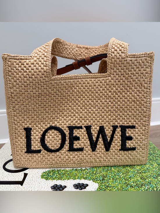 Loewe Handbags - Small Loewe Natural Woven Tote with Black Logo